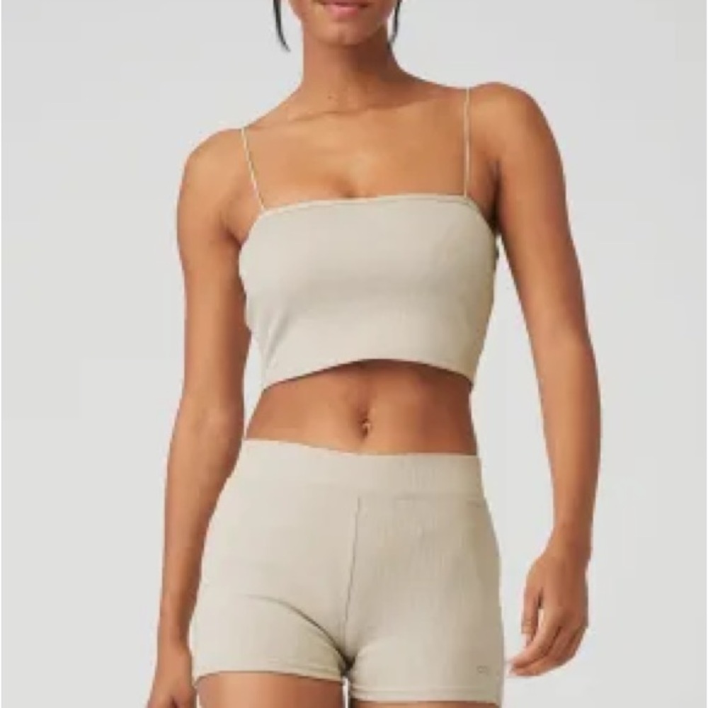 ALO Yoga Goddess Ribbed Bandeau Top Oatmeal Heather
